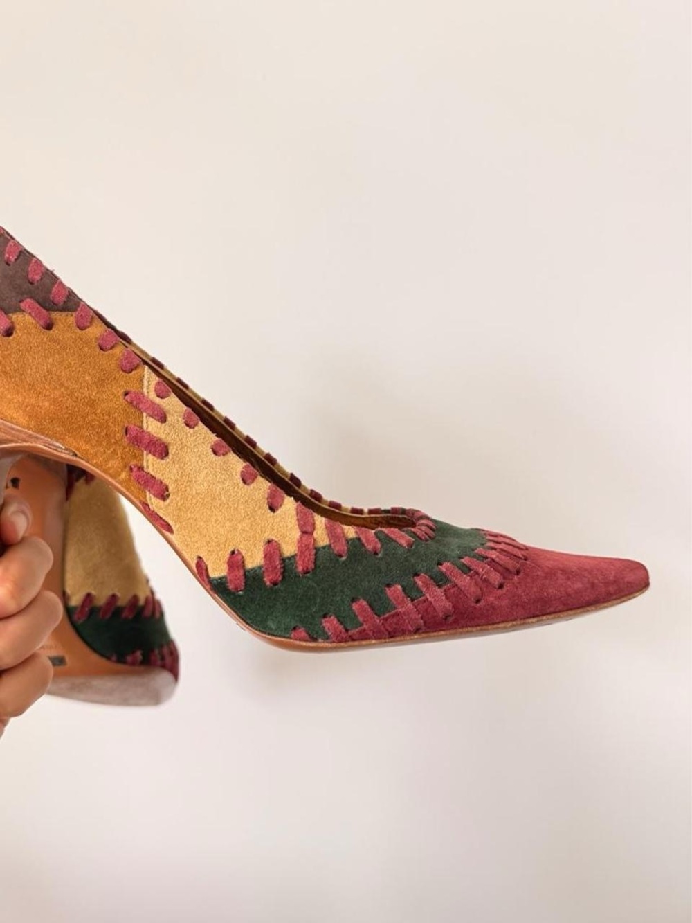 90s Dolce & Gabbana Multicolor Suede Patchwork Pointed-Toe Pumps - Women's 7.5 - Picture 8 of 8